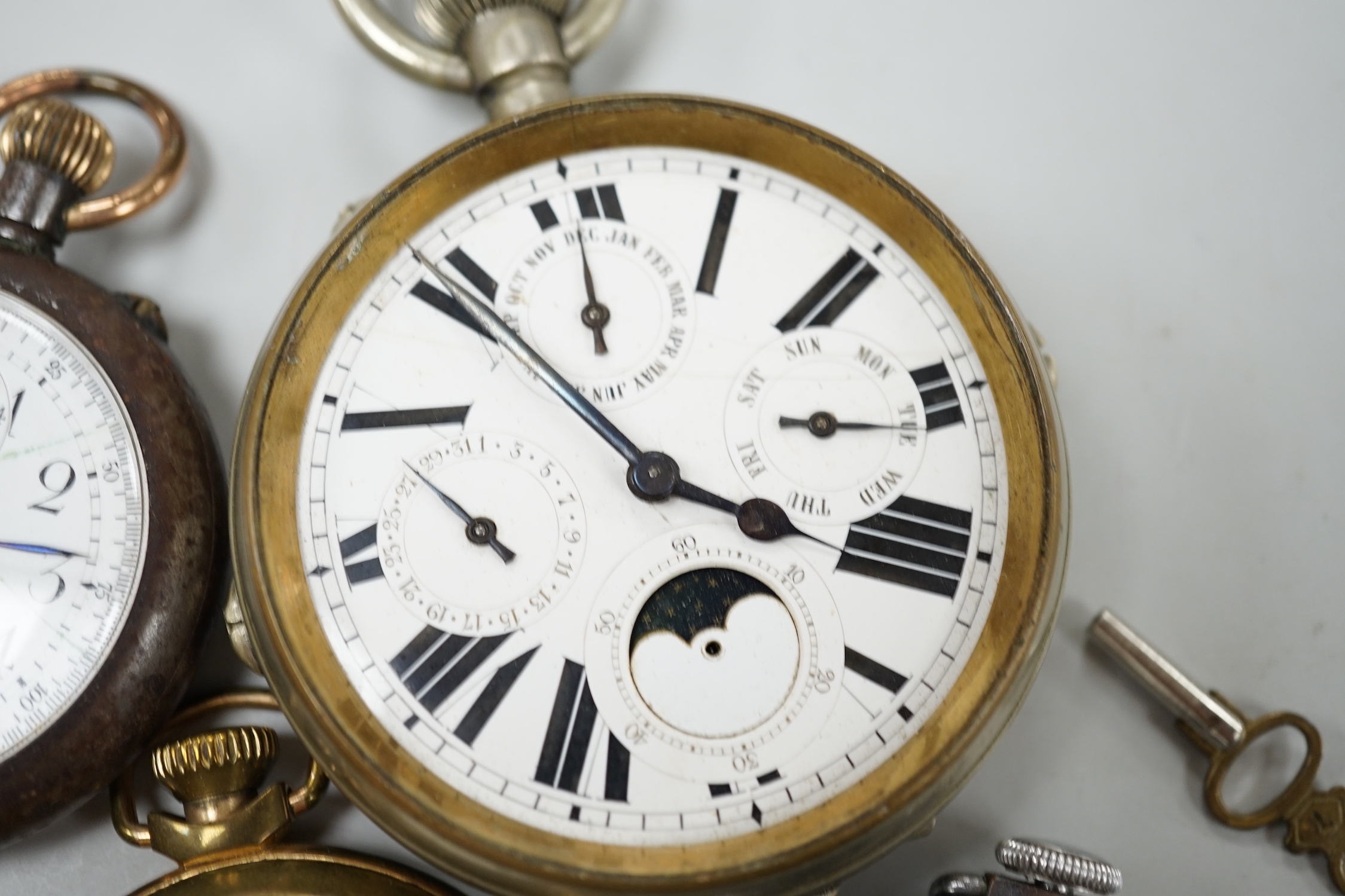 Six assorted gold plated or base metal pocket watches including Goliath calendar moonphase and Russell & Son hunter.